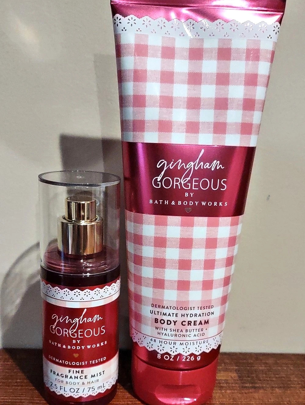 Bath & Body Works Gingham Gorgeous Fragrance Mist & Body Cream Pink Set NWT